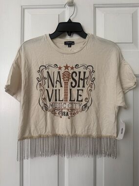 Nashville Graphic Rhinestone Fringe Crop Tee - Cream